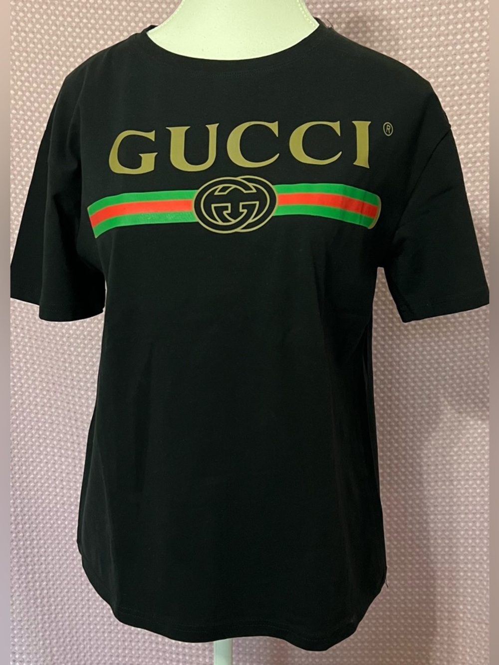 Black Short-Sleeve Tee with Green-Red Stripe